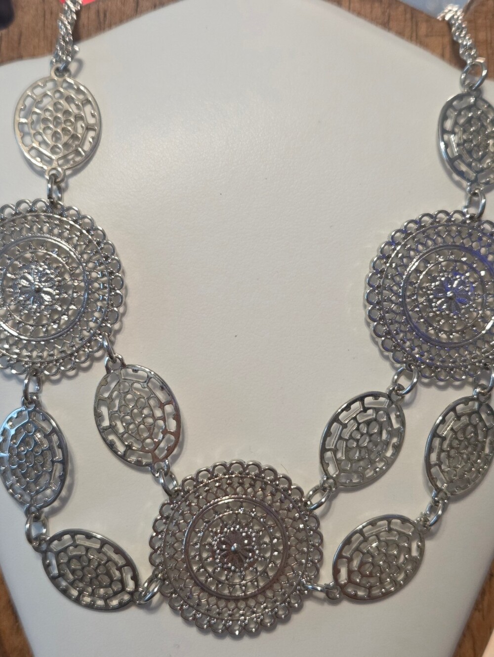 NWT Bancroft Silver Tone Filigree Medallion Bib Statement Necklace